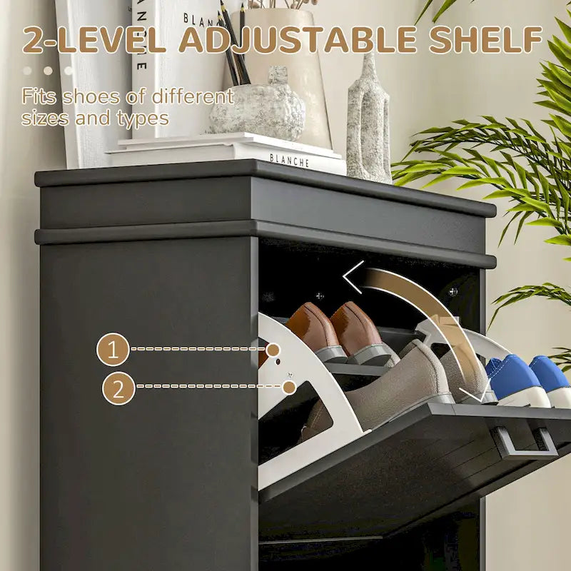 Meuble à chaussures d'entrée, rangement étroit avec 2 tiroirs abattants et étagères réglables pour 10 paires de chaussures