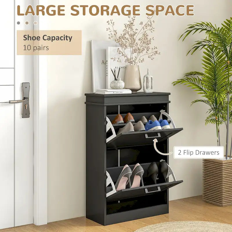 Meuble à chaussures d'entrée, rangement étroit avec 2 tiroirs abattants et étagères réglables pour 10 paires de chaussures