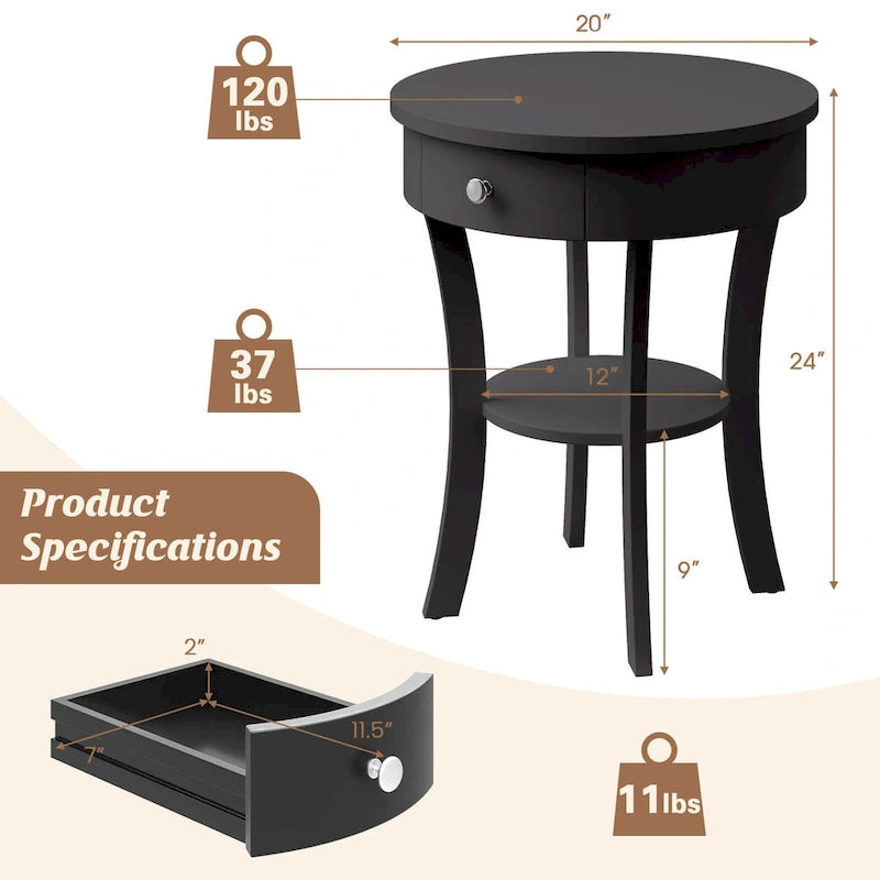 Table d'appoint de canapé à 2 niveaux, table de chevet ronde pour chambre à coucher, salon