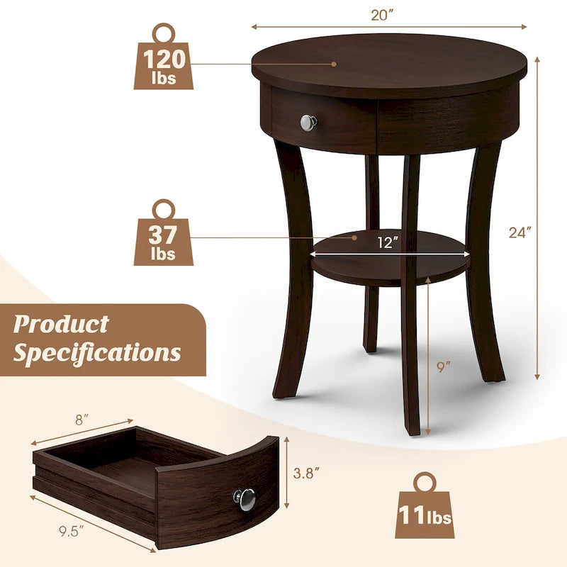 Table d'appoint de canapé à 2 niveaux, table de chevet ronde pour chambre à coucher, salon