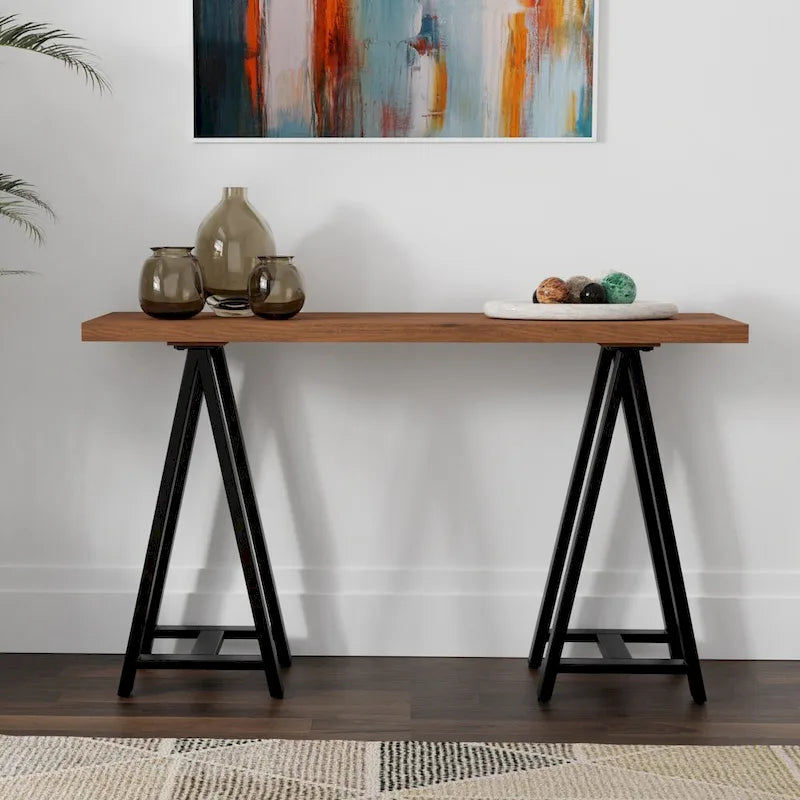 Table console-sofa de style industriel moderne en BOIS MASSIF et métal, 50 pouces de large, en BOIS DE NOYER MASSIF et métal, couleur noyer