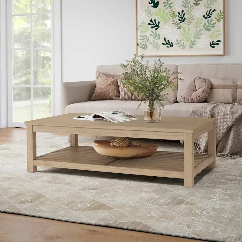 Table basse en bois d'acacia massif avec étagère inférieure