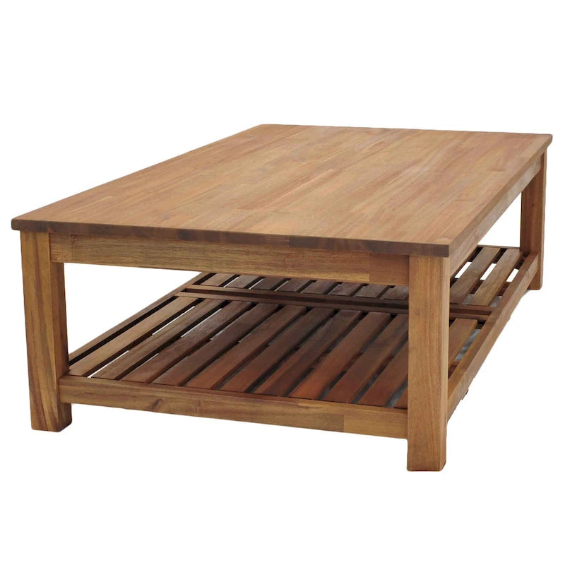 Table basse en bois d'acacia massif avec étagère inférieure