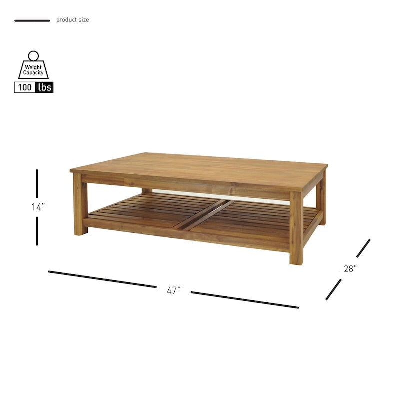 Table basse en bois d'acacia massif avec étagère inférieure