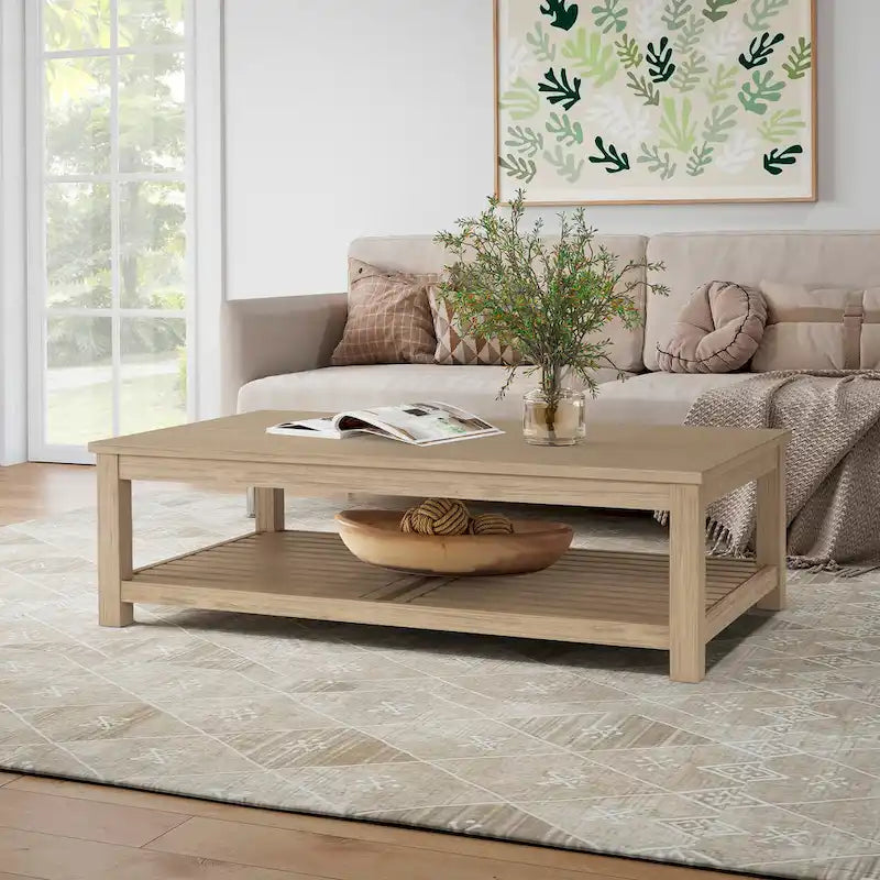 Table basse en bois d'acacia massif avec étagère inférieure