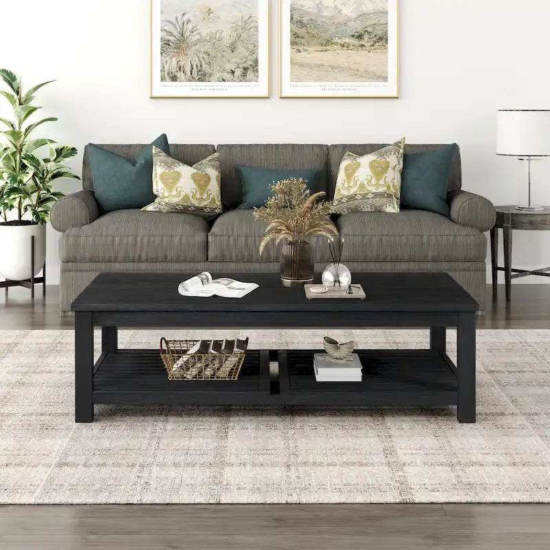 Table basse en bois d'acacia massif avec étagère inférieure