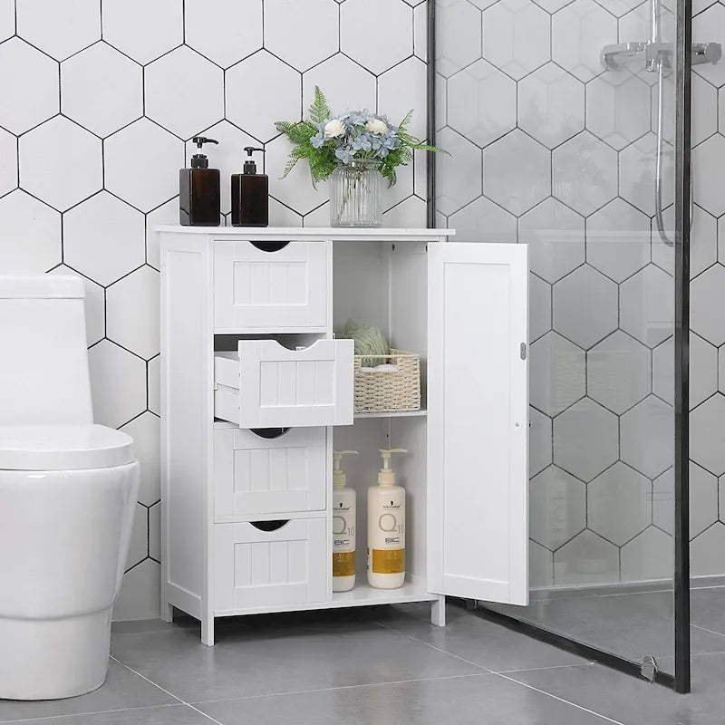 Meuble de rangement de salle de bain blanc, meuble bas avec étagère réglable et tiroirs
