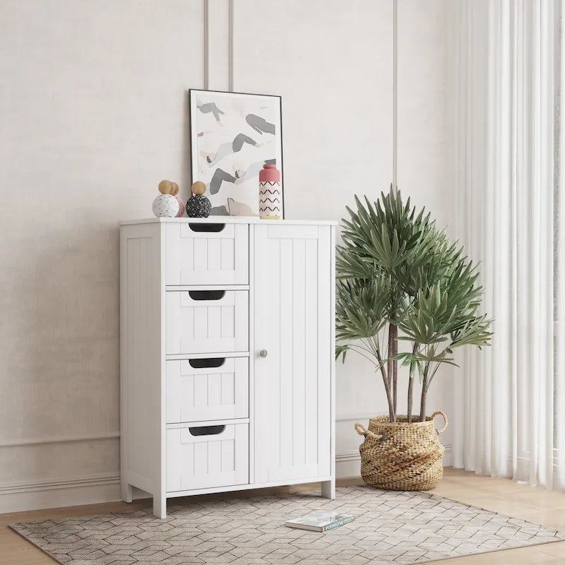 Meuble de rangement de salle de bain blanc, meuble bas avec étagère réglable et tiroirs