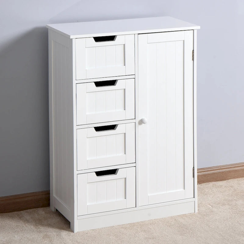 Meuble de rangement de salle de bain blanc, meuble bas avec étagère réglable et tiroirs