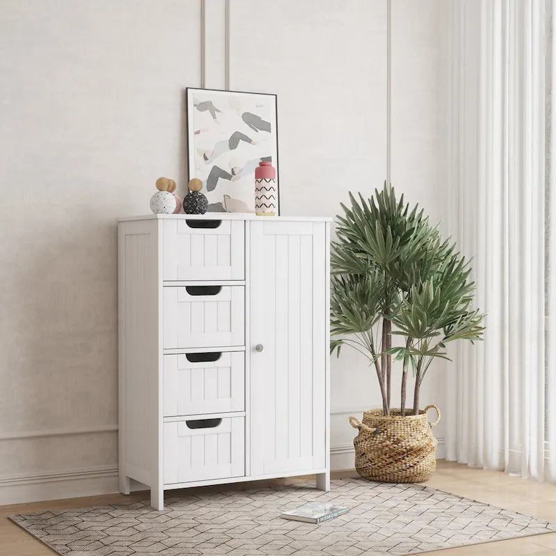 Meuble de rangement de salle de bain blanc, meuble bas avec étagère réglable et tiroirs