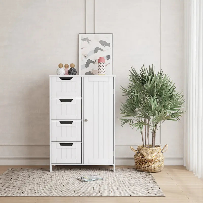 Meuble de rangement de salle de bain blanc, meuble bas avec étagère réglable et tiroirs