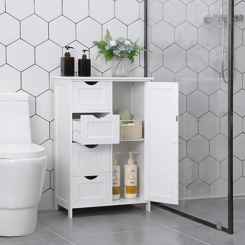 Meuble de rangement de salle de bain blanc, meuble bas avec étagère réglable et tiroirs