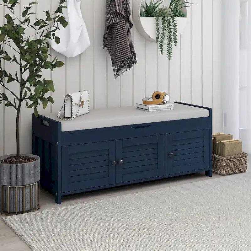 Banc de rangement en bois à 3 tiroirs avec coussin