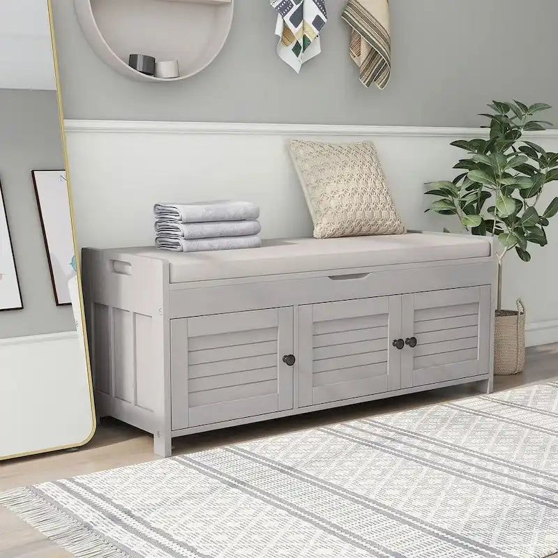 Banc de rangement en bois à 3 tiroirs avec coussin