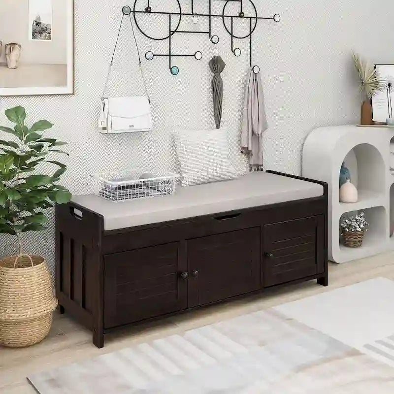 Banc de rangement en bois à 3 tiroirs avec coussin