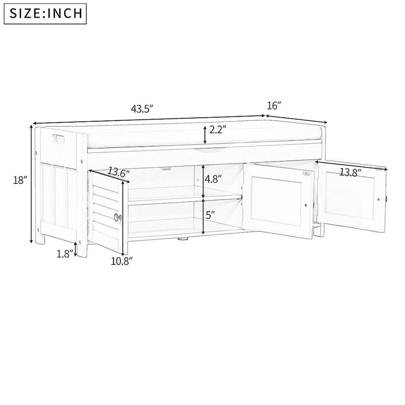 Banc de rangement en bois à 3 tiroirs avec coussin
