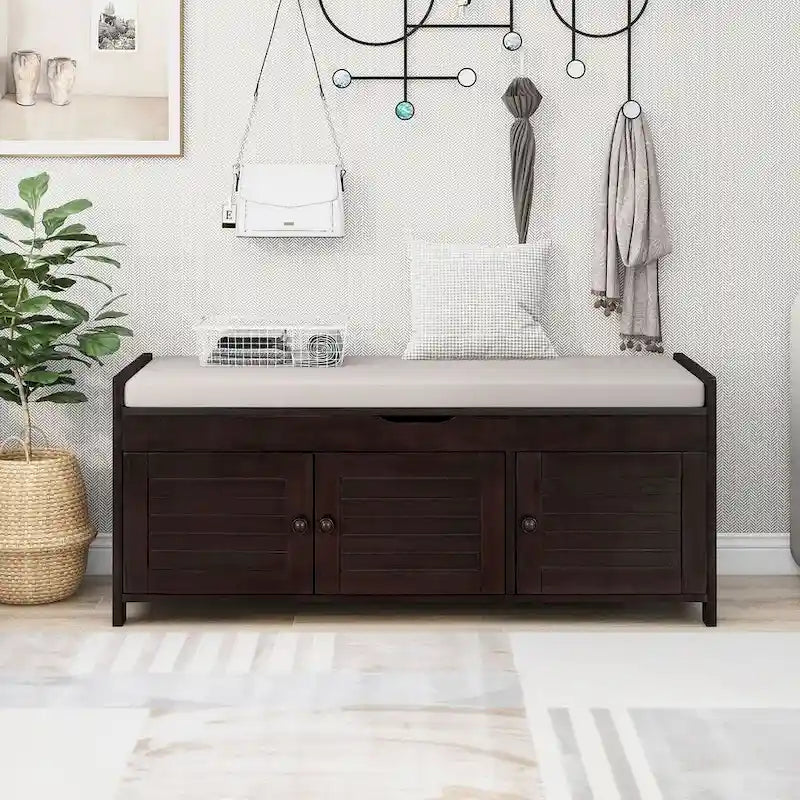 Banc de rangement en bois à 3 tiroirs avec coussin