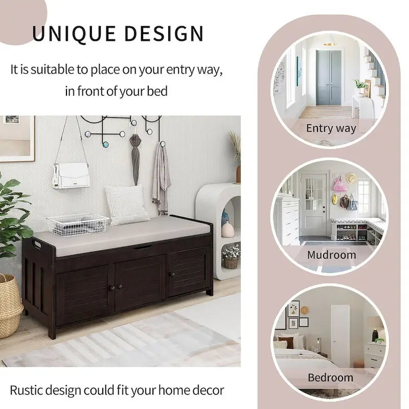 Banc de rangement en bois à 3 tiroirs avec coussin