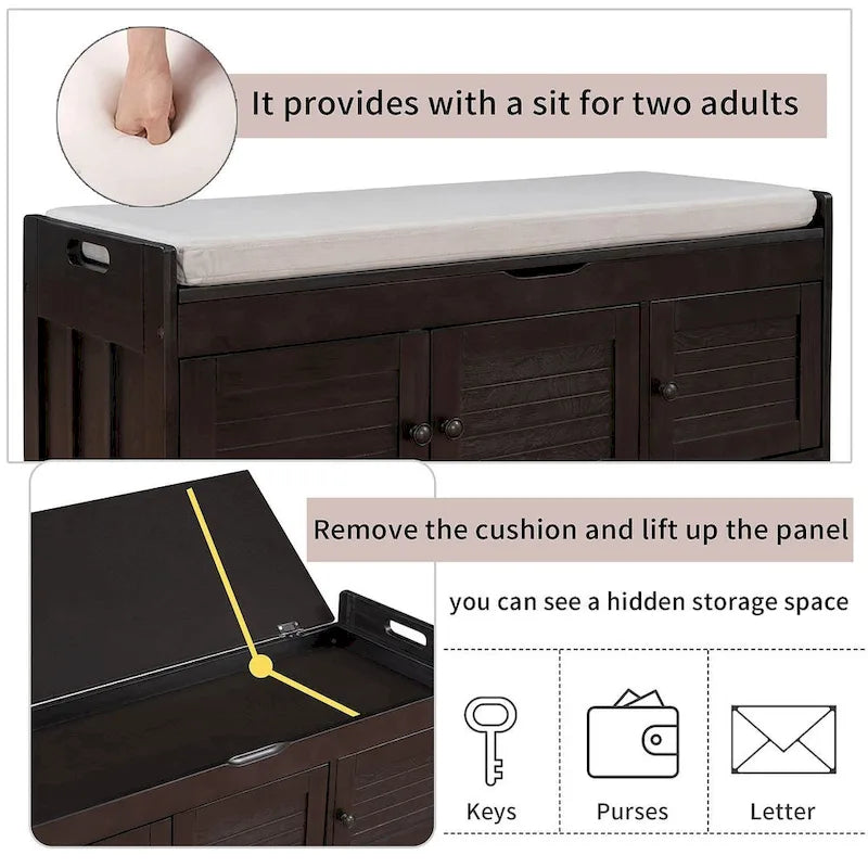 Banc de rangement en bois à 3 tiroirs avec coussin
