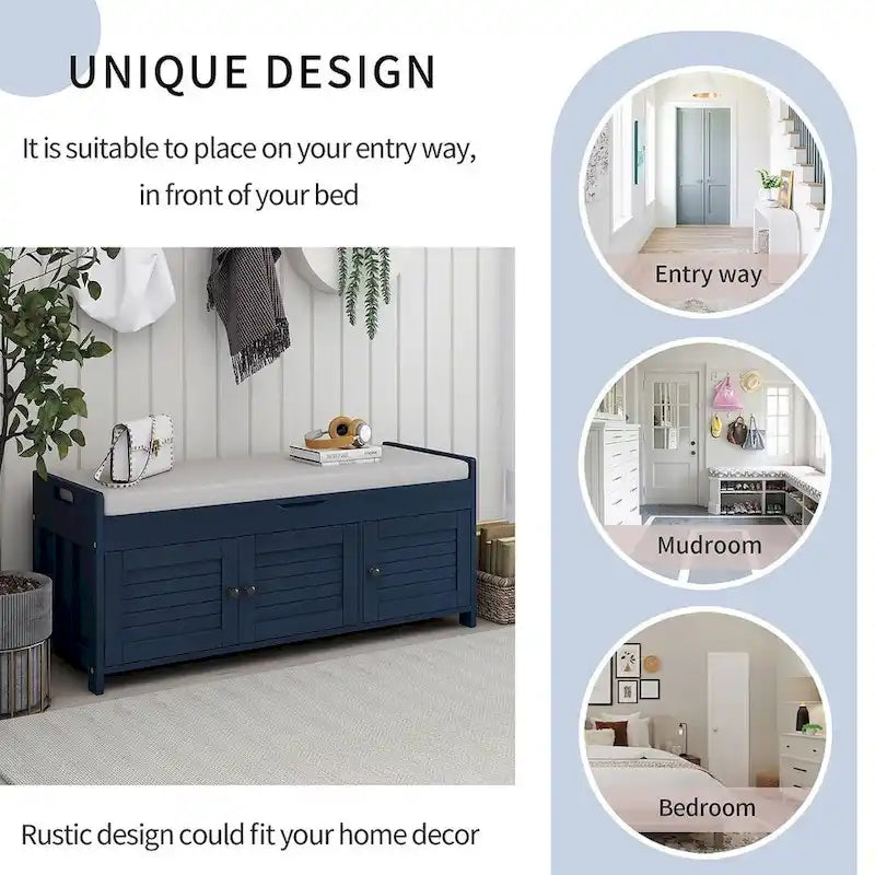 Banc de rangement en bois à 3 tiroirs avec coussin
