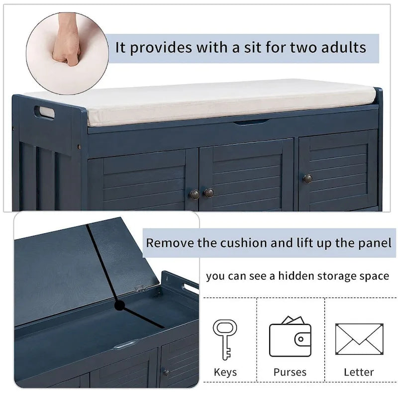 Banc de rangement en bois à 3 tiroirs avec coussin