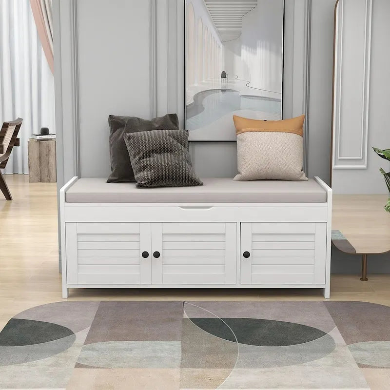 Banc de rangement en bois à 3 tiroirs avec coussin