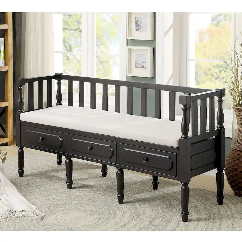 Banc de rangement capitonné en tissu avec 3 tiroirs, style fermette