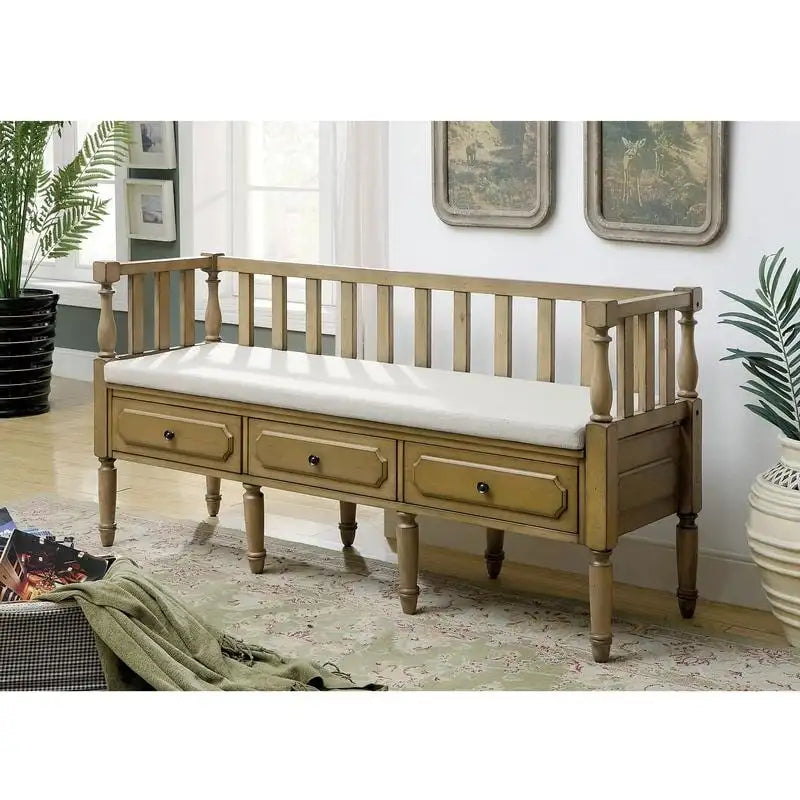 Banc de rangement capitonné en tissu avec 3 tiroirs, style fermette