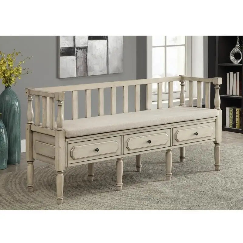 Banc de rangement capitonné en tissu avec 3 tiroirs, style fermette