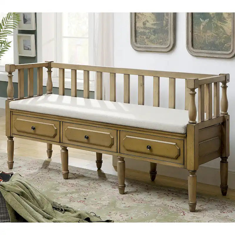 Banc de rangement capitonné en tissu avec 3 tiroirs, style fermette