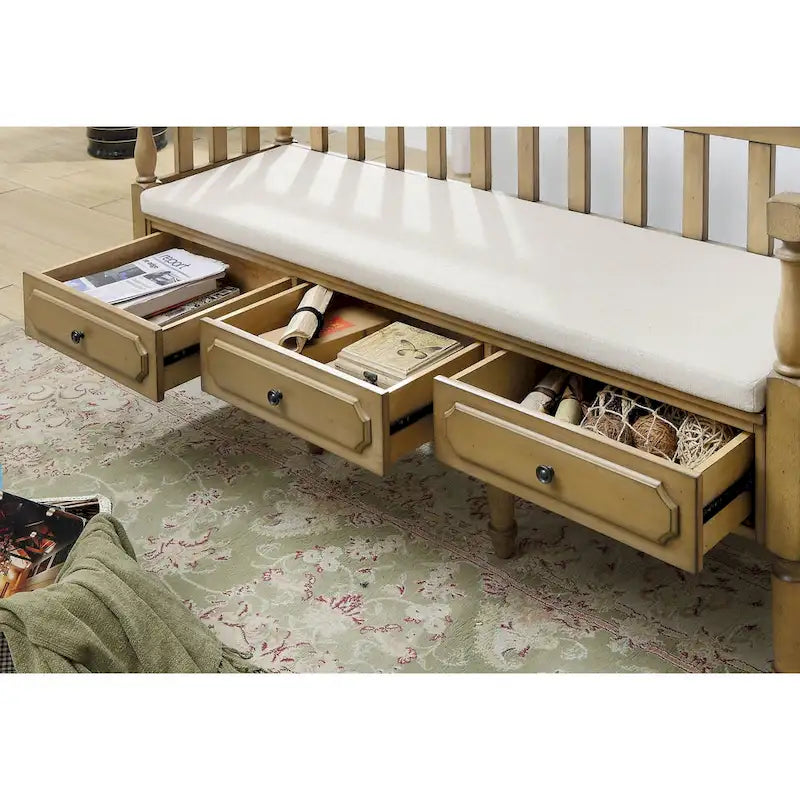 Banc de rangement capitonné en tissu avec 3 tiroirs, style fermette