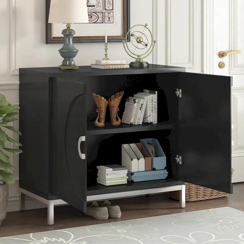 Meuble de rangement simple, Meuble d'appoint avec placage en bois massif et pieds en métal pour salon, entrée, salle à manger
