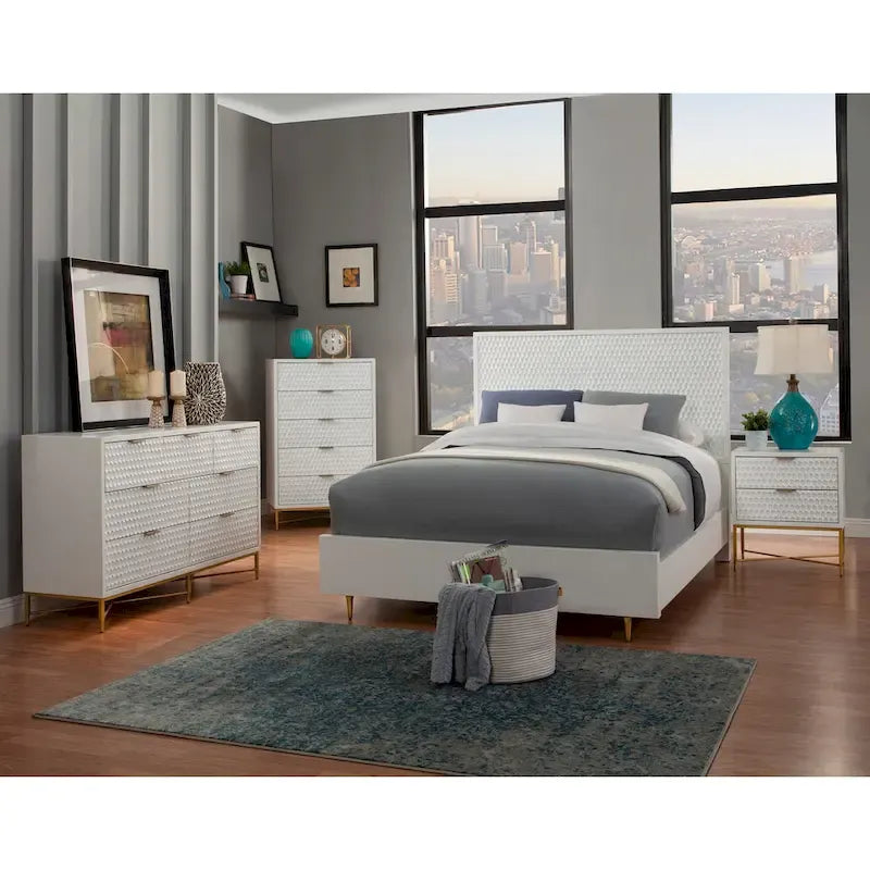 Lit panneau Perle Blanche avec tête de lit texturée et pieds dorés