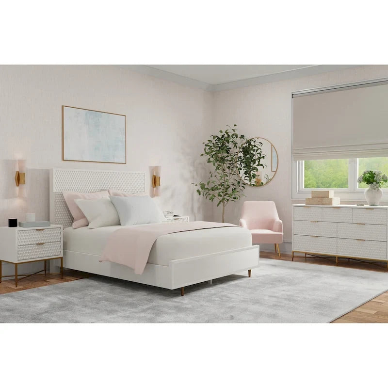 Lit panneau Perle Blanche avec tête de lit texturée et pieds dorés