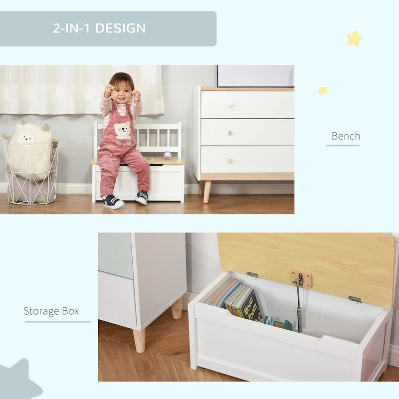 Coffre à jouets en bois 2 en 1 avec banc pour enfant et coffre de rangement avec vérin pneumatique de sécurité