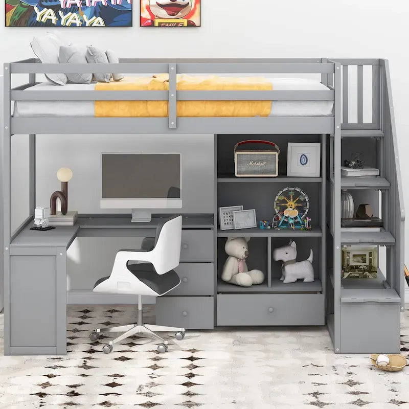 Lit mezzanine double avec bureau en L et tiroirs, armoire et escalier de rangement, gris