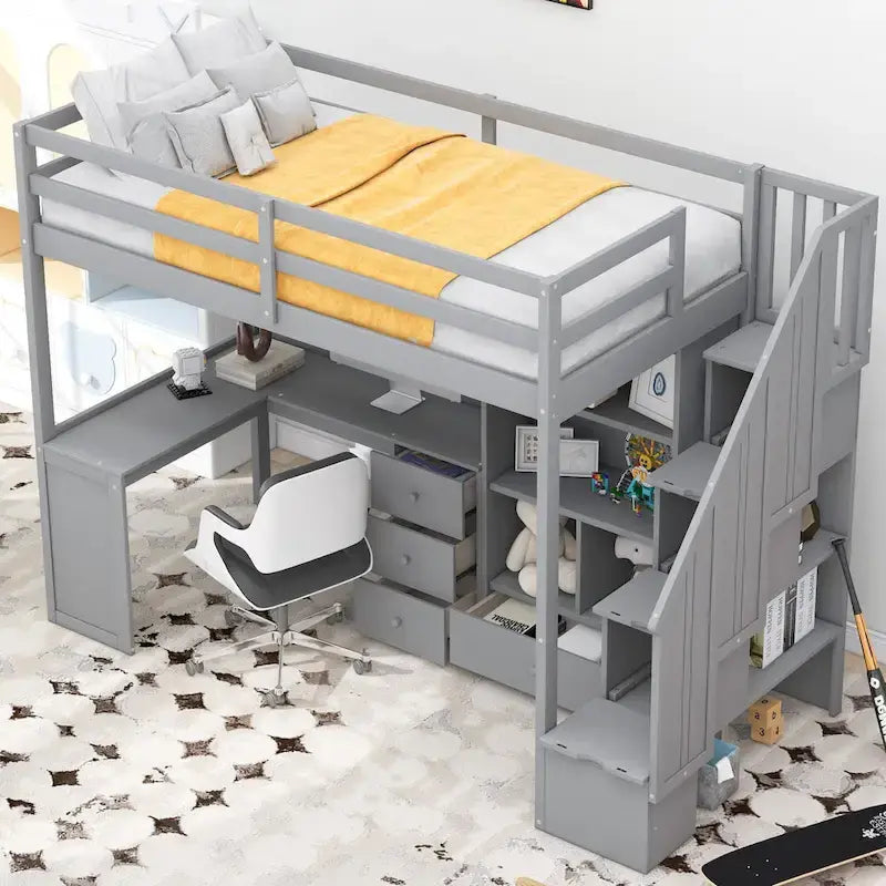 Lit mezzanine double avec bureau en L et tiroirs, armoire et escalier de rangement, gris