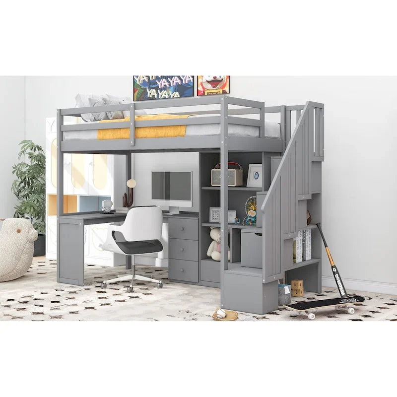 Lit mezzanine double avec bureau en L et tiroirs, armoire et escalier de rangement, gris