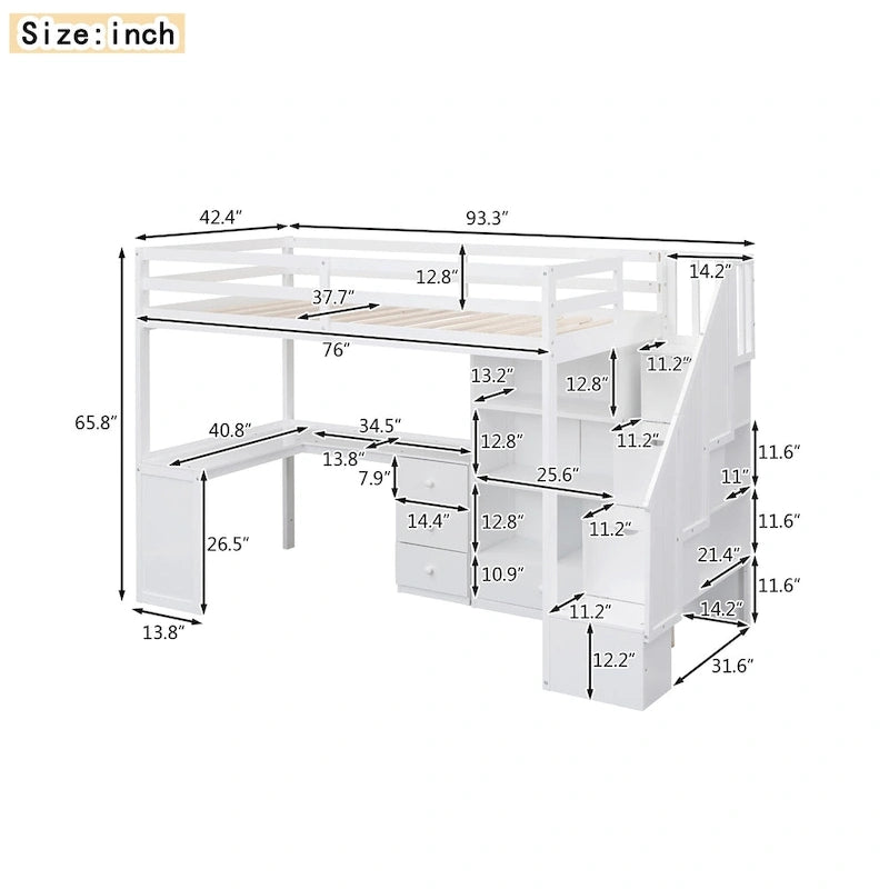 Lit mezzanine double avec bureau en L et tiroirs, armoire et escalier de rangement, gris