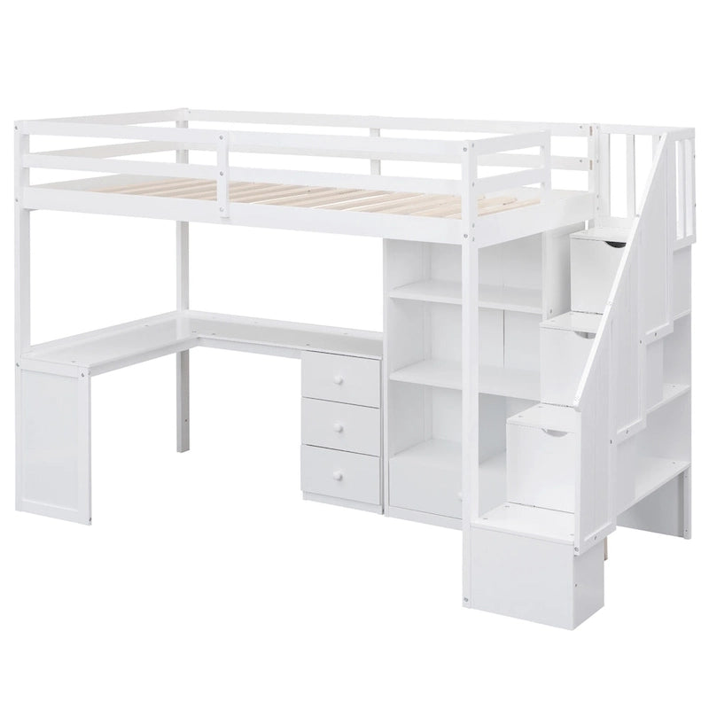 Lit mezzanine double avec bureau en L et tiroirs, armoire et escalier de rangement, gris