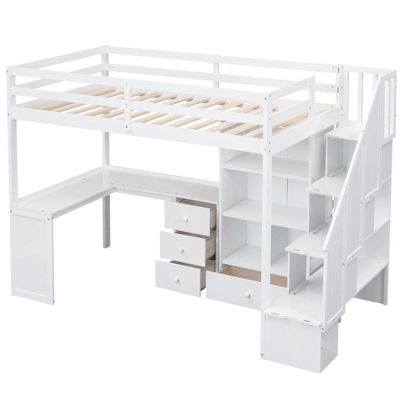 Lit mezzanine double avec bureau en L et tiroirs, armoire et escalier de rangement, gris