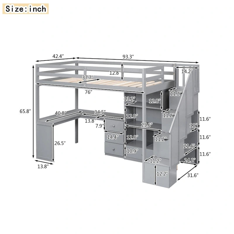 Lit mezzanine double avec bureau en L et tiroirs, armoire et escalier de rangement, gris