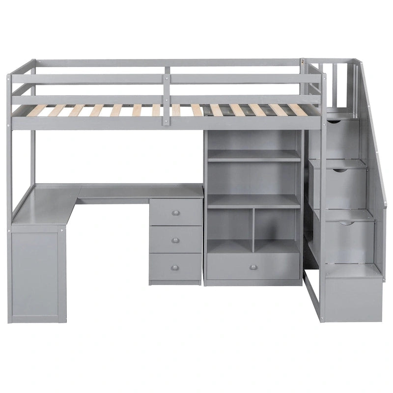 Lit mezzanine double avec bureau en L et tiroirs, armoire et escalier de rangement, gris