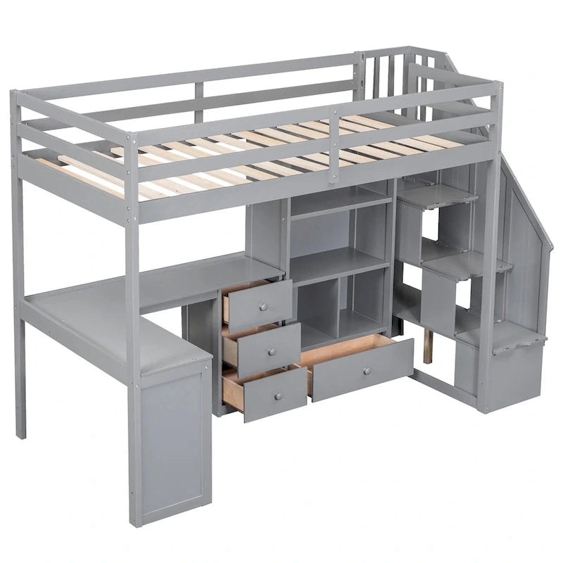 Lit mezzanine double avec bureau en L et tiroirs, armoire et escalier de rangement, gris