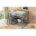 Full Size Loft Bed with Desk and Shelves,Two Built-in Drawers,Gray