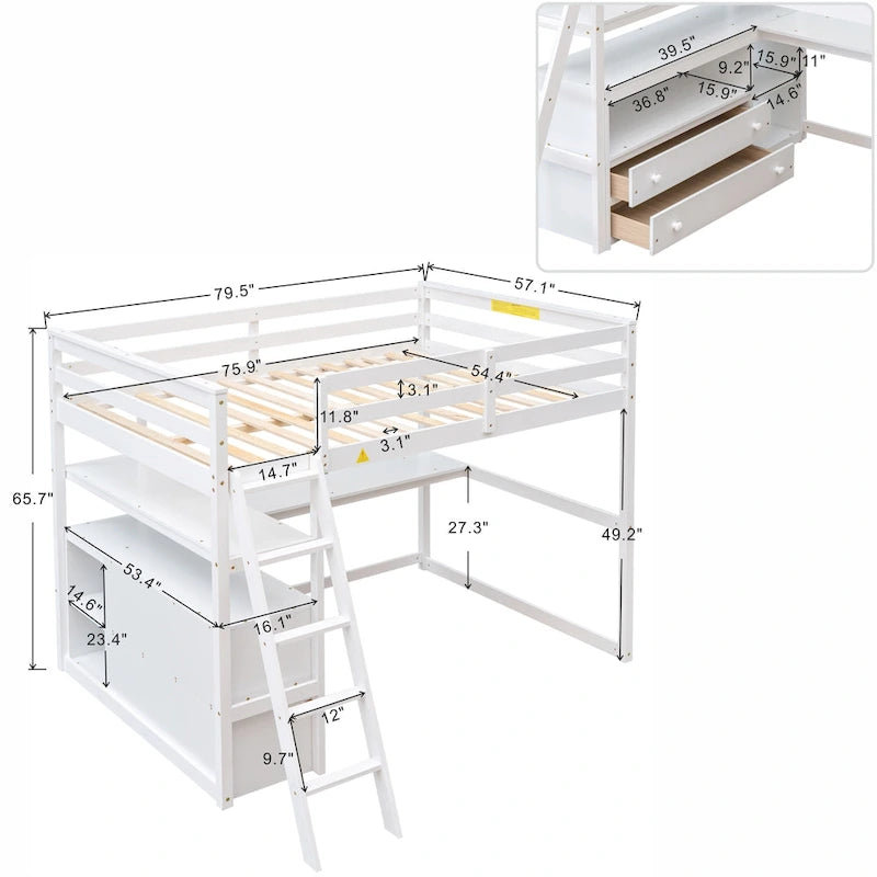 Lit mezzanine pleine grandeur avec bureau et étagères, deux tiroirs intégrés, gris