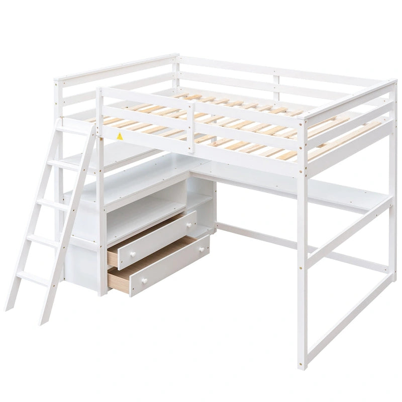 Lit mezzanine pleine grandeur avec bureau et étagères, deux tiroirs intégrés, gris