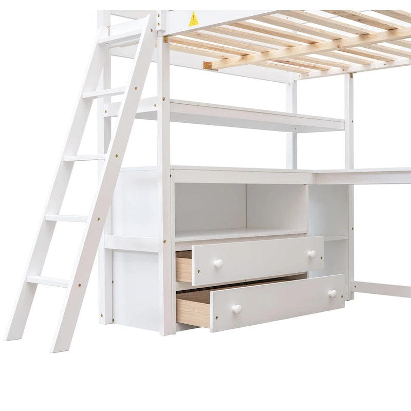 Lit mezzanine pleine grandeur avec bureau et étagères, deux tiroirs intégrés, gris