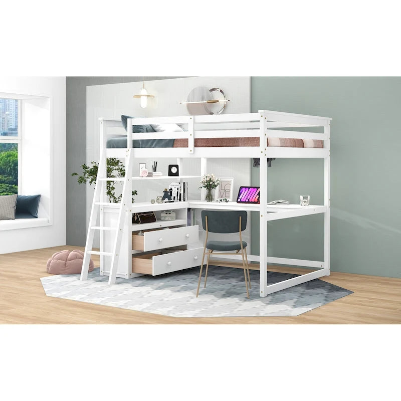 Lit mezzanine pleine grandeur avec bureau et étagères, deux tiroirs intégrés, gris