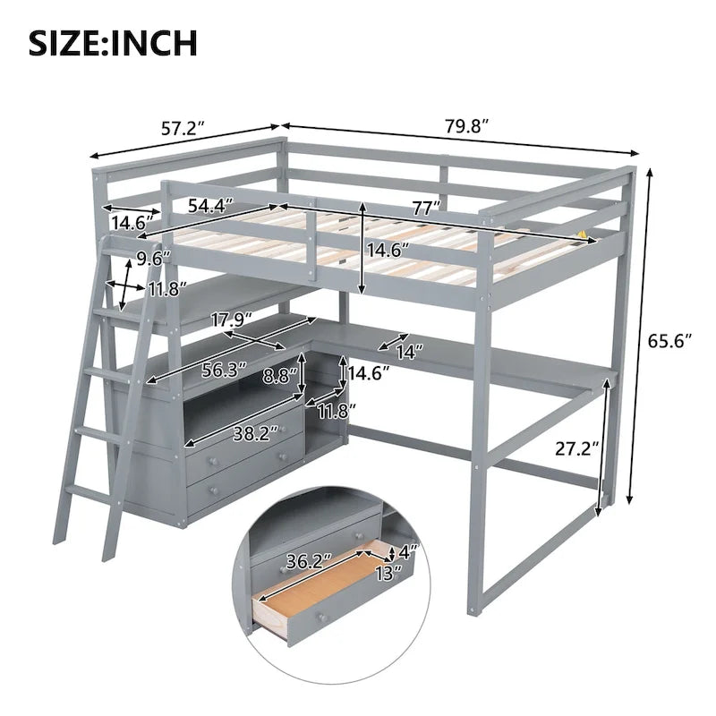 Lit mezzanine pleine grandeur avec bureau et étagères, deux tiroirs intégrés, gris